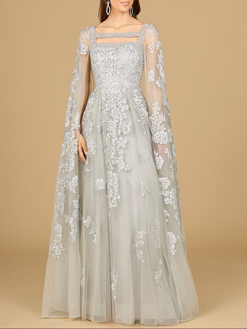 Lace Embroidered Gown with Long Cape Sleeves Silver