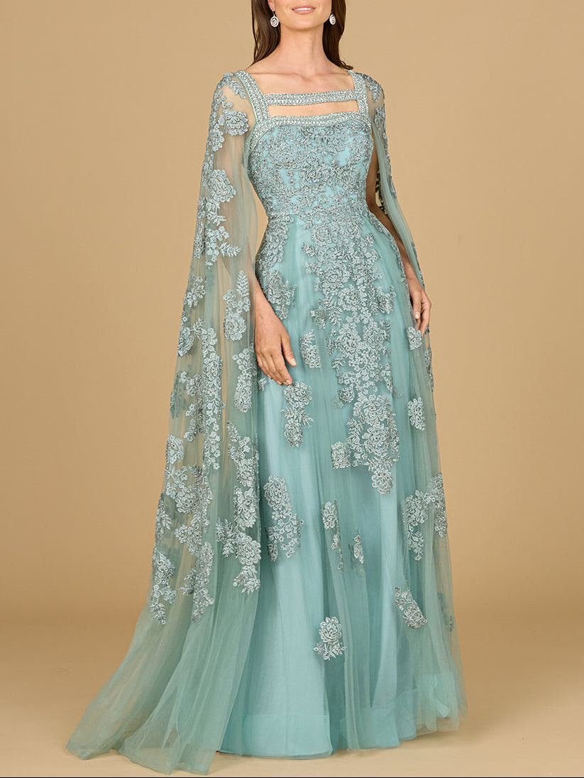 Lace Embroidered Gown with Long Cape Sleeves Dark Sage