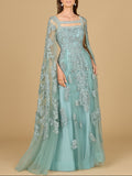 Lace Embroidered Gown with Long Cape Sleeves Dark Sage