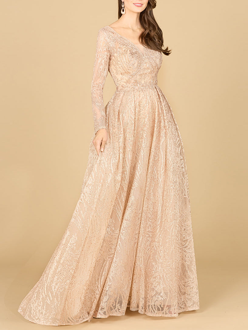 Long Sleeve, A-line Gown with a V-Neckline Champagne