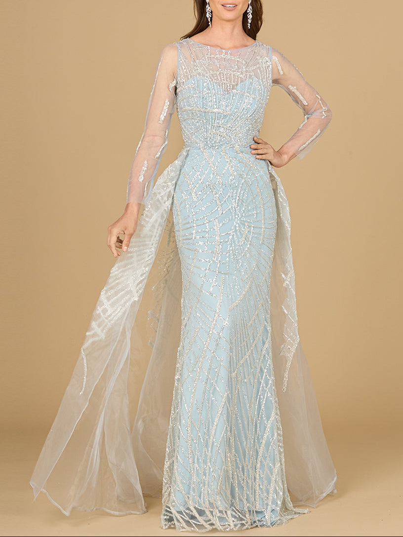 Long Sleeve Lace Gown with Tulle Overskirt Frost