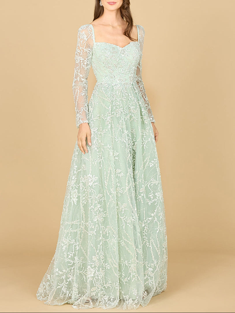 Long Sleeve Beaded Lace Gown Dusty Sage