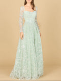 Long Sleeve Beaded Lace Gown Dusty Sage