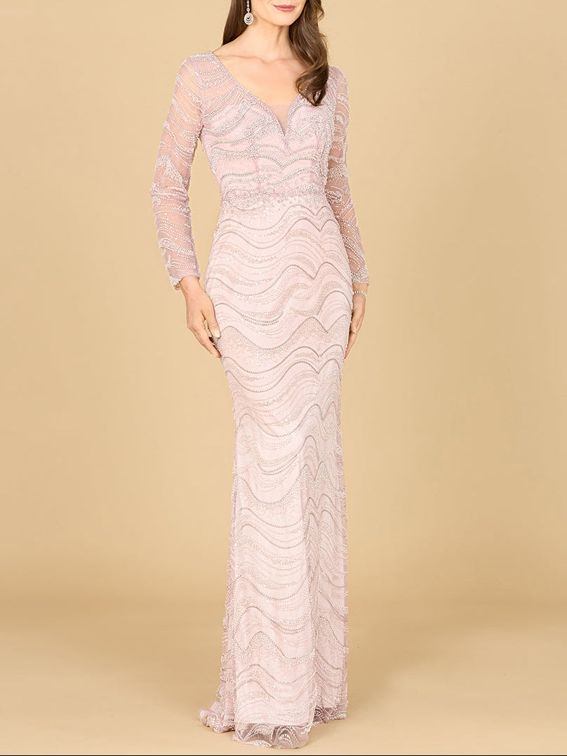 Long Sleeve Lace Fitted Gown Dusty Rose