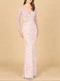 Long Sleeve Lace Fitted Gown Dusty Rose