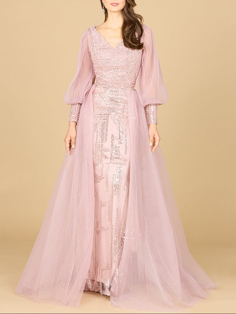 Long Sleeve Lace Gown with Removable Over Skirt Mauve