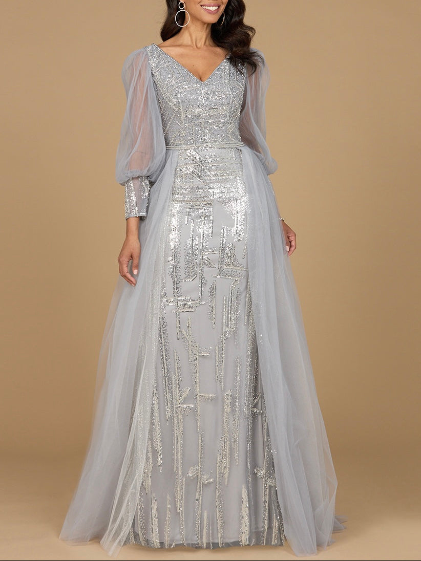Long Sleeve Lace Gown with Removable Over Skirt Silver