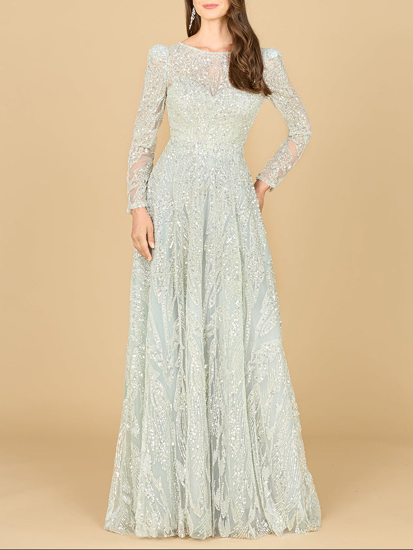 Long Sleeve Beaded Lace Gown Frost