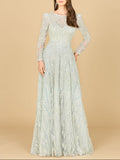 Long Sleeve Beaded Lace Gown Frost