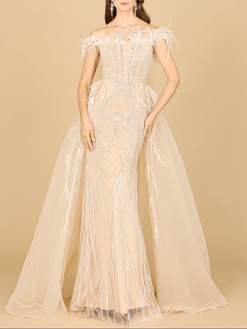Off Shoulder Gown with Feathers Champagne