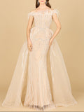 Off Shoulder Gown with Feathers Champagne