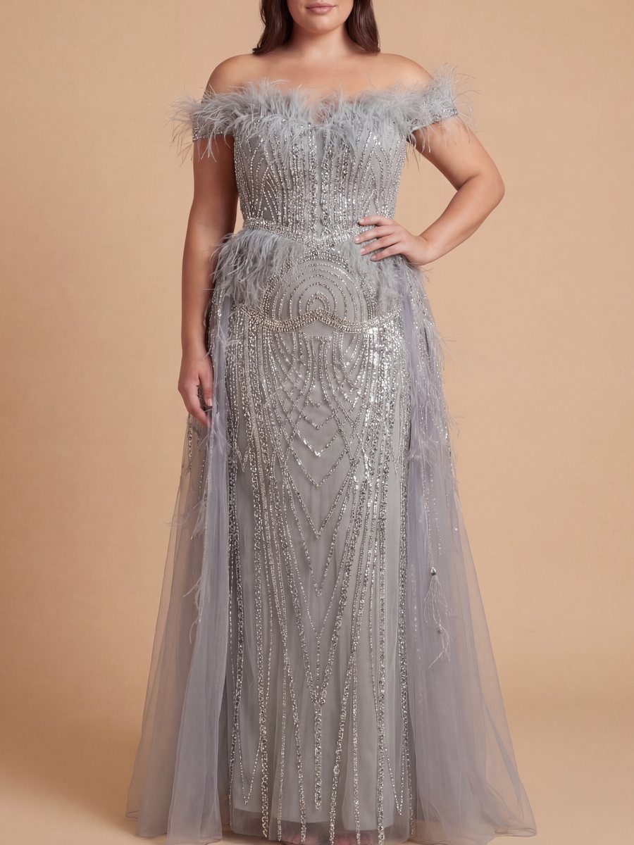 Off Shoulder Gown with Feathers Slate