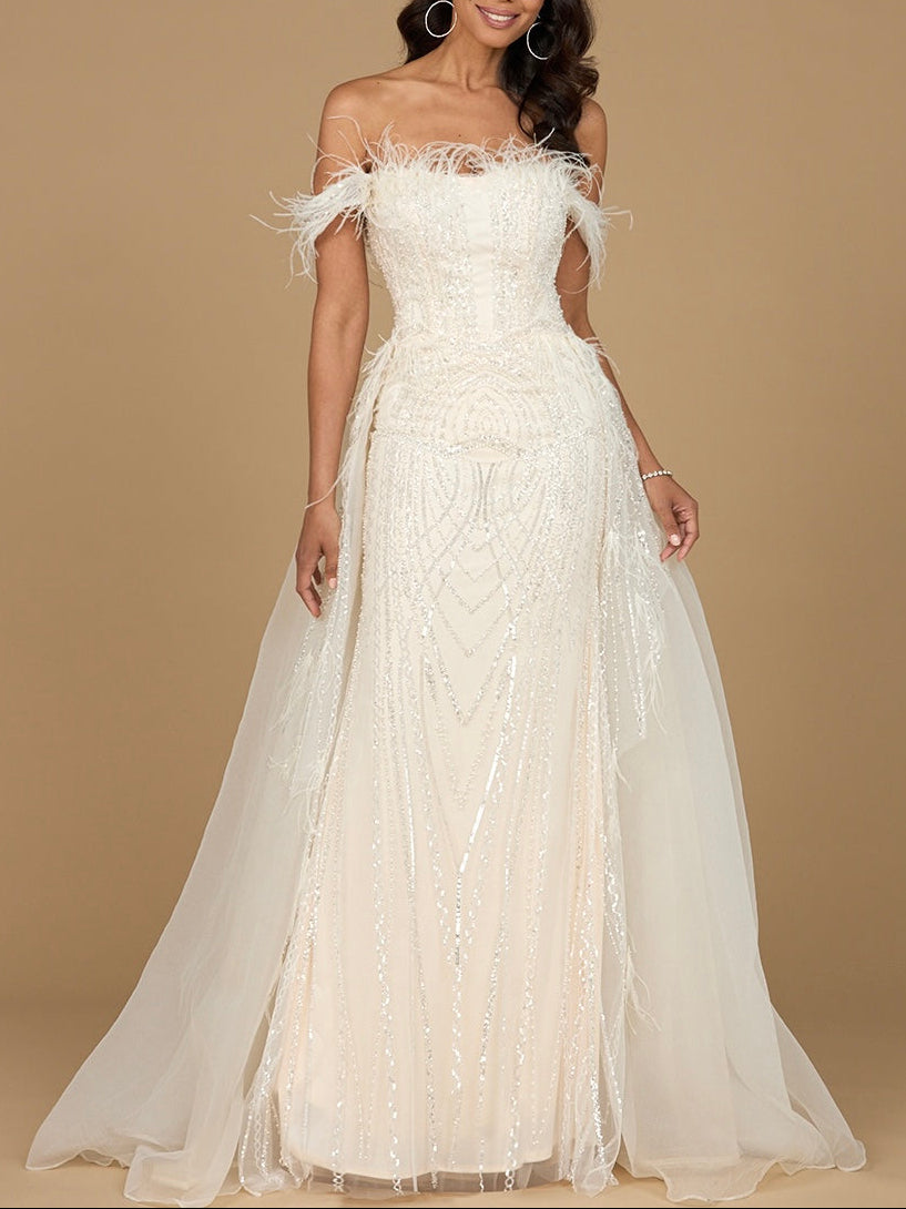Off Shoulder Gown with Feathers Ivory
