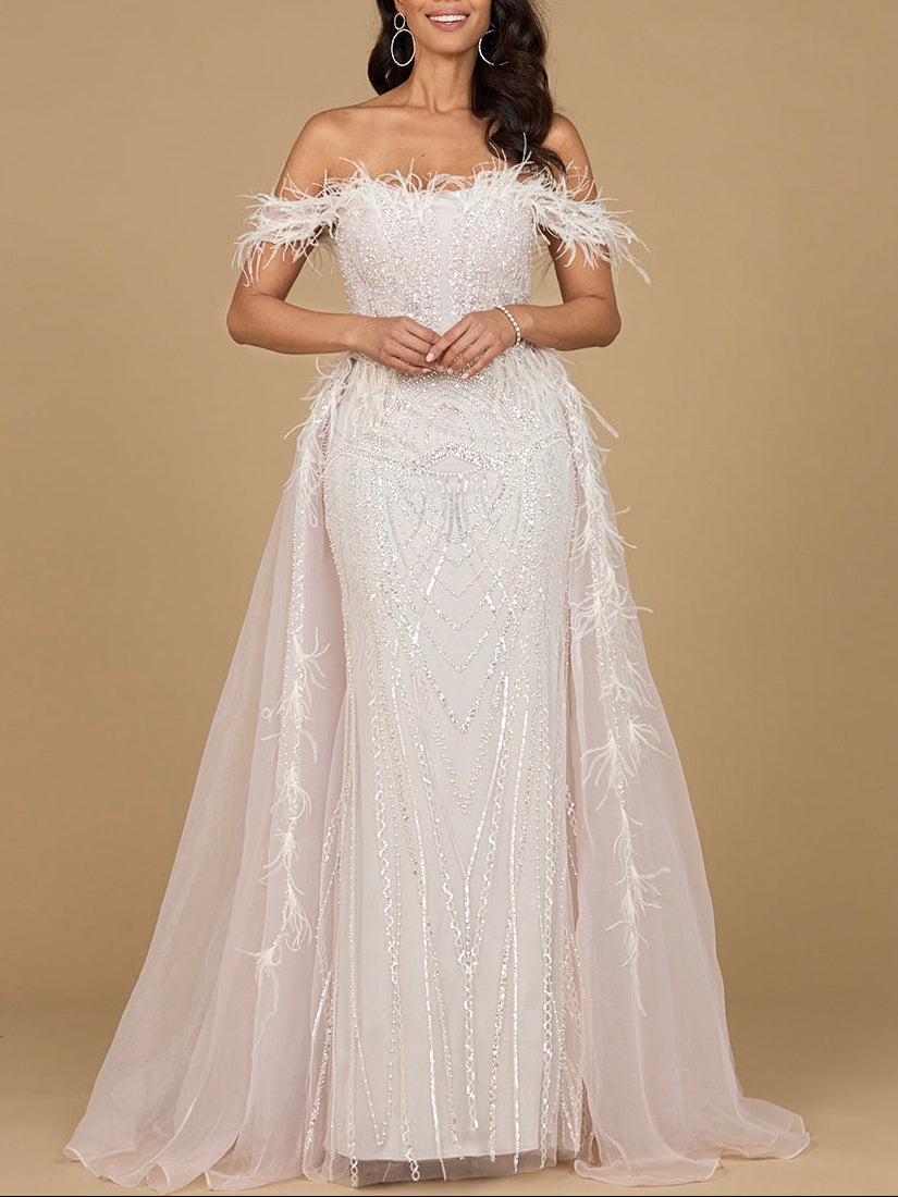 Off Shoulder Gown with Feathers Powder Pink