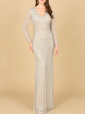 Classic V-Neck Beaded Long Sleeve Gown Silver