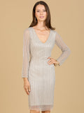 Classic V-Neck Beaded Long Sleeve Cocktail Dress - OUTLET Silver