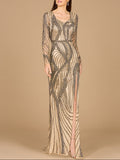 Cascading Beads Long Sleeve Dress - OUTLET Nude