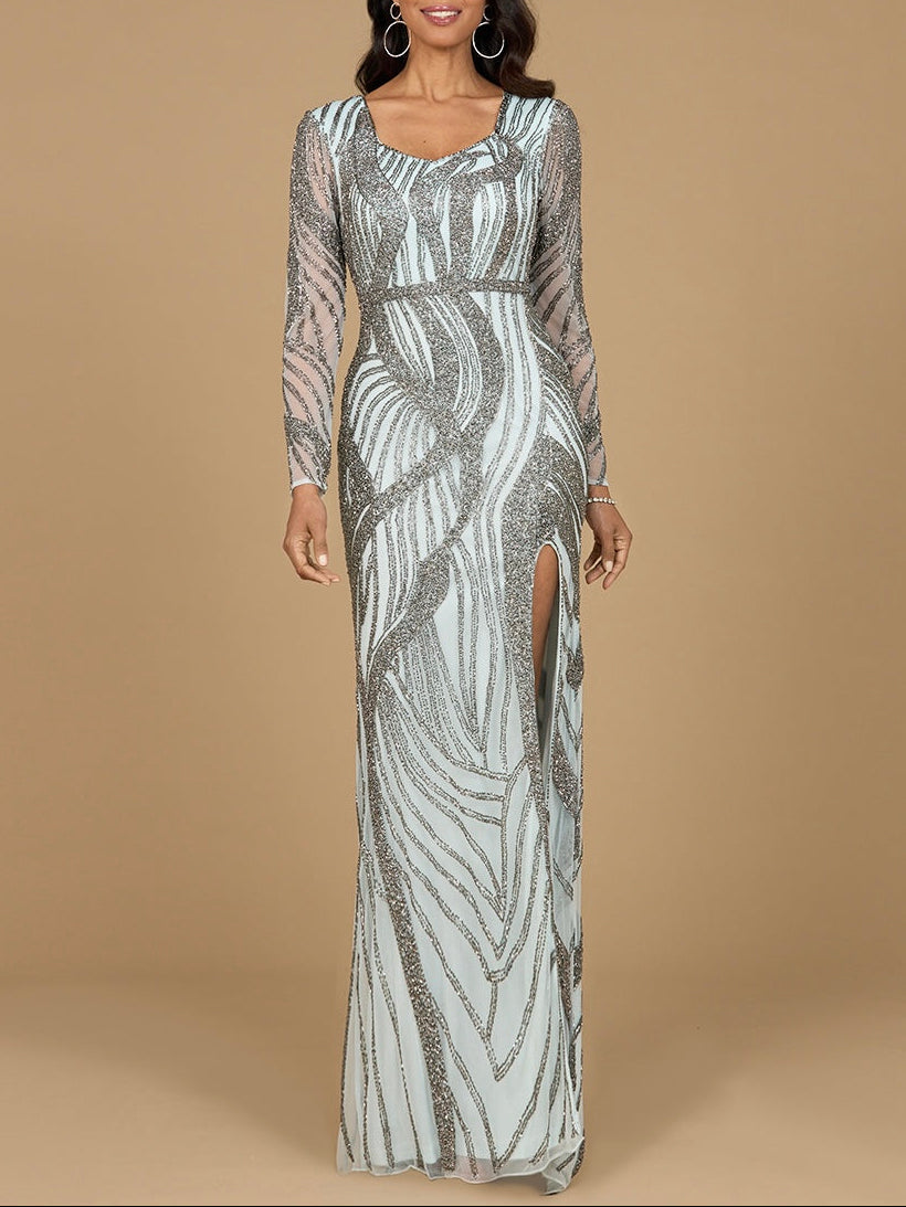 Cascading Beads Long Sleeve Dress - OUTLET Blue Mercury