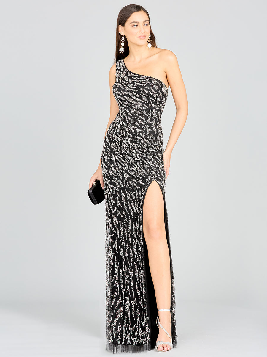 One-Shoulder Beaded Gown with High Slit Black Silver