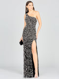 One-Shoulder Beaded Gown with High Slit Black Silver