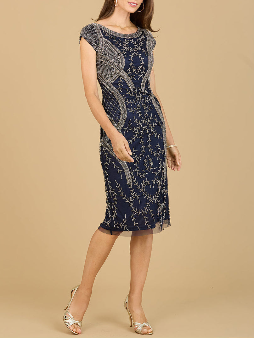 Cap Sleeve Midi Gown with High Neckline Navy