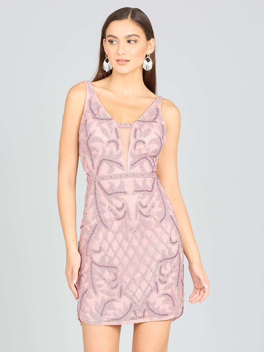 Deep V-Neck Beaded Mini Dress with Low Back Cashmere