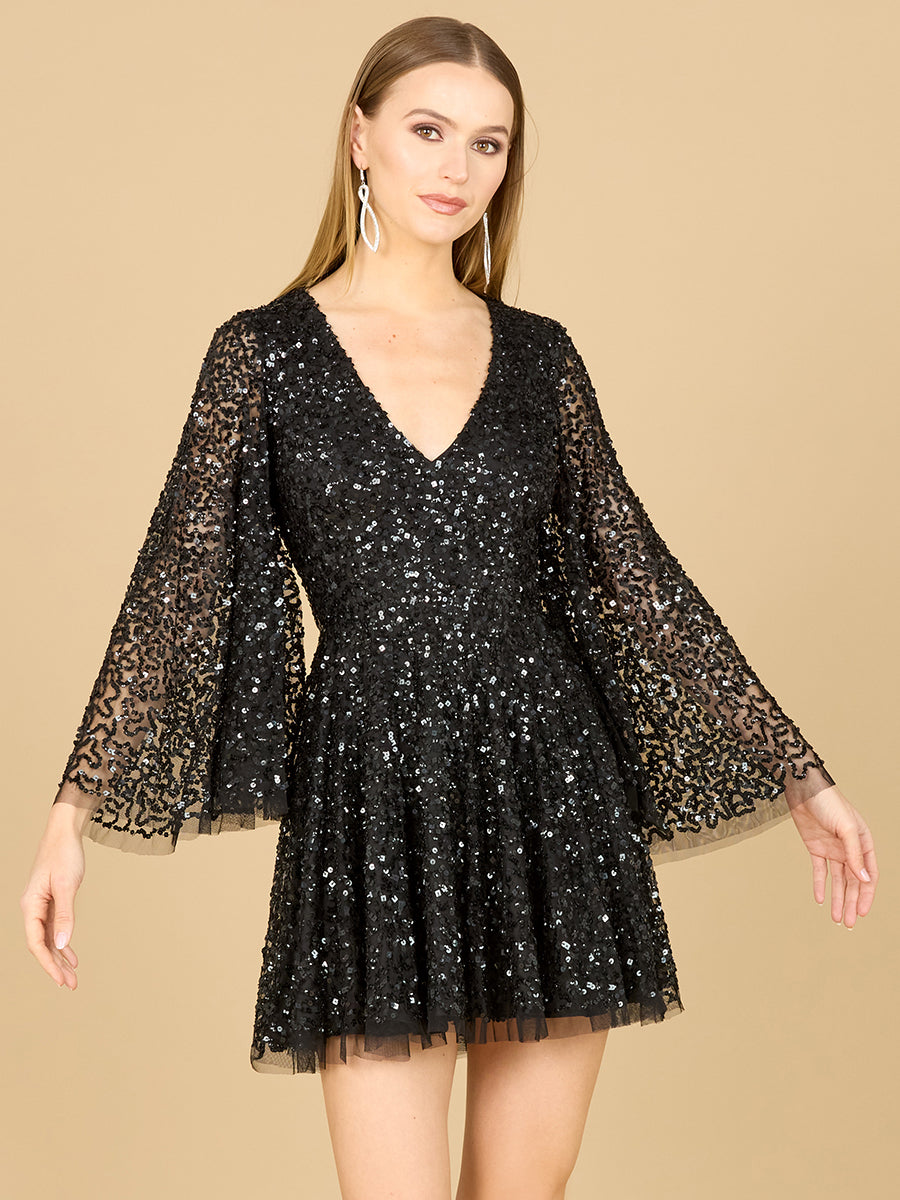 Bell Sleeve Sequin Cocktail Dress Black