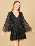 Bell Sleeve Sequin Cocktail Dress Black