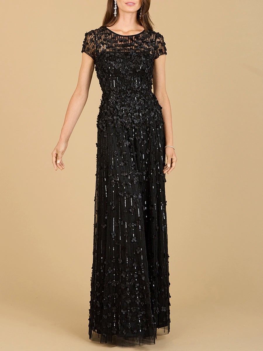 3D Floral Embellished Cap Sleeve Gown | 29181 Black