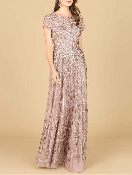 3D Floral Embellished Cap Sleeve Gown | 29181 Dark Taupe