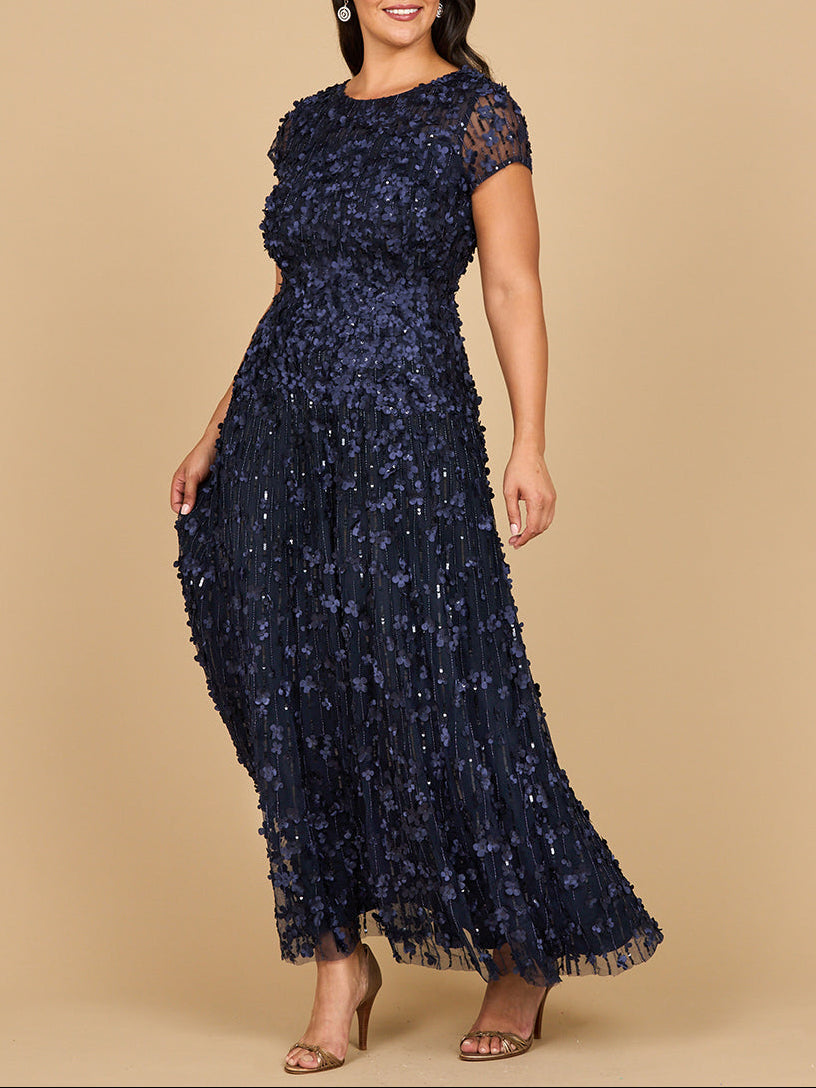 3D Floral Embellished Cap Sleeve Gown | 29181 Navy