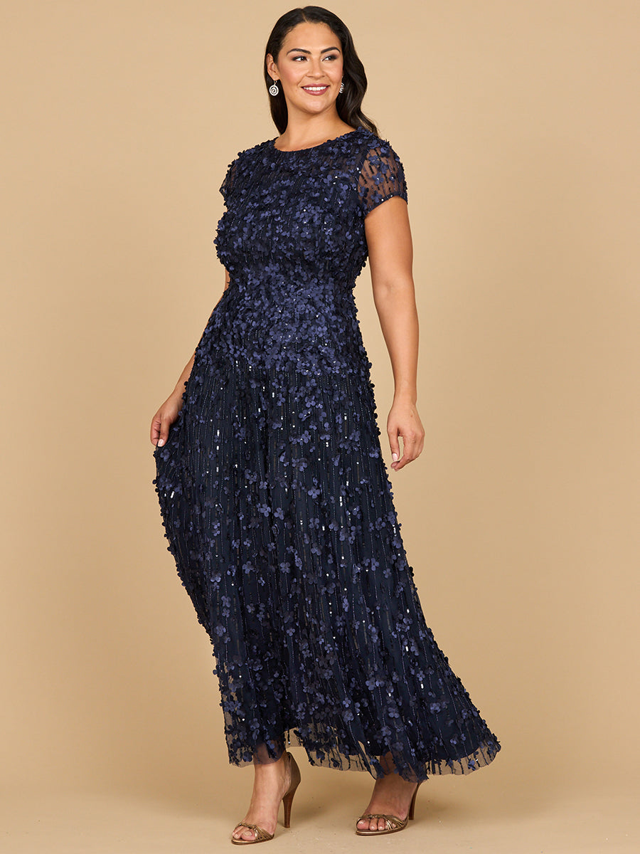 3D Floral Embellished Cap Sleeve Gown | 29181 Navy