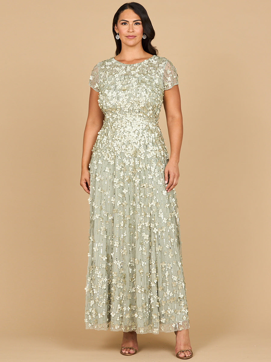 3D Floral Embellished Cap Sleeve Gown | 29181 Sage Green