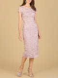 3D Applique Midi Dress with Cap Sleeves | 29186 Mauve