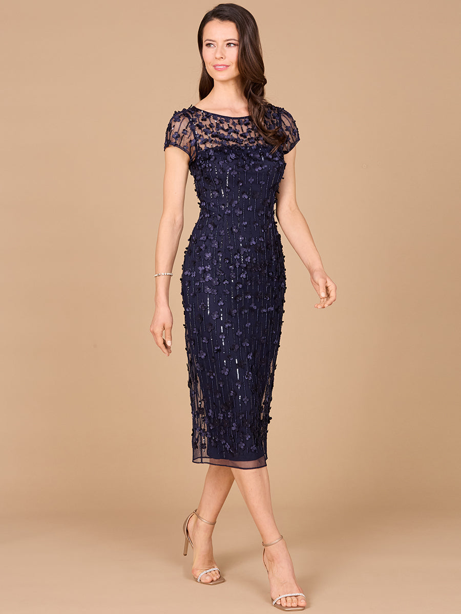 3D Applique Midi Dress with Cap Sleeves Navy