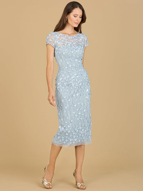 3D Applique Midi Dress with Cap Sleeves Periwinkle