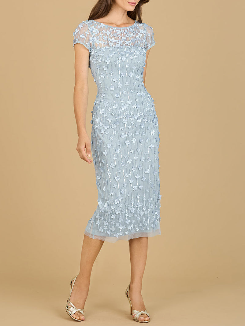 3D Applique Midi Dress with Cap Sleeves | 29186 Periwinkle