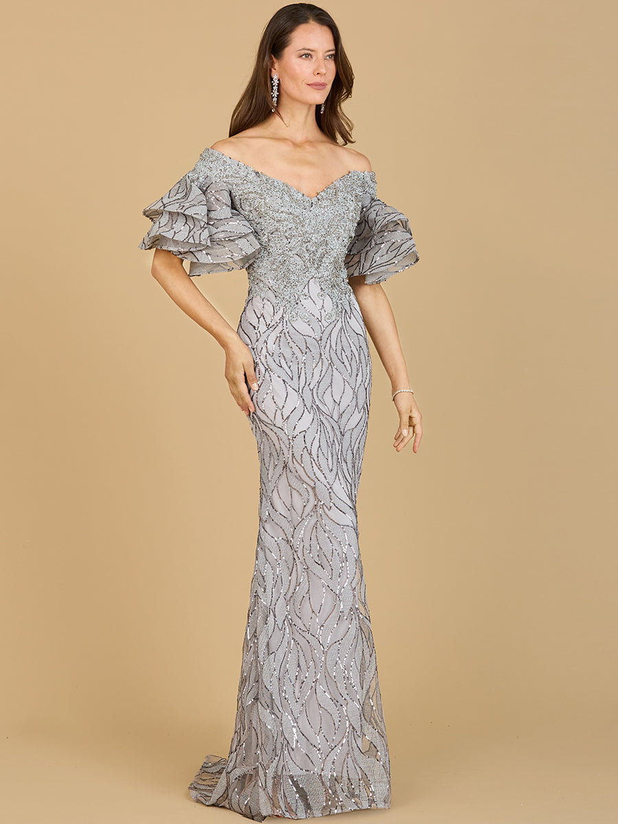 Off Shoulder Mermaid Beaded Gown with Tiered Sleeves Grey