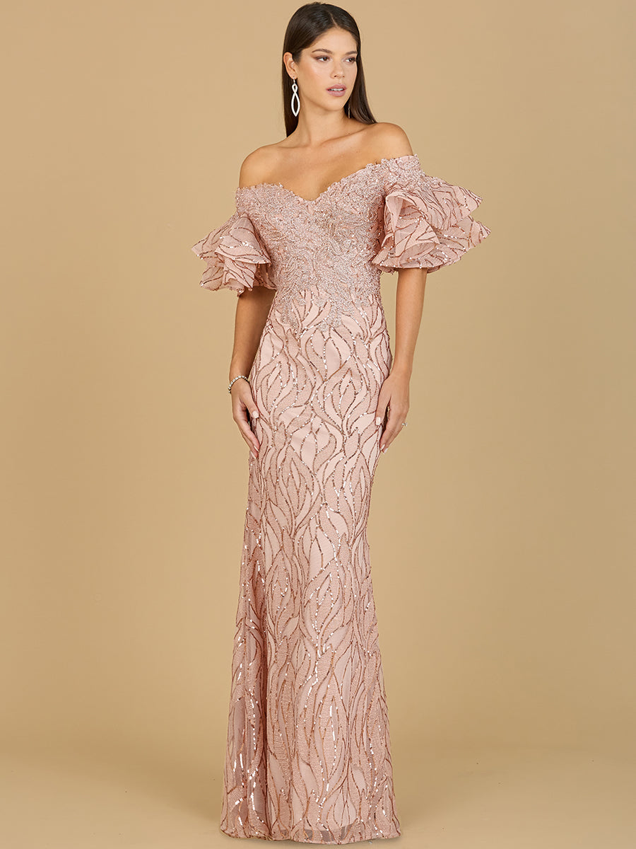 Off Shoulder Mermaid Beaded Gown with Tiered Sleeves Rose gold