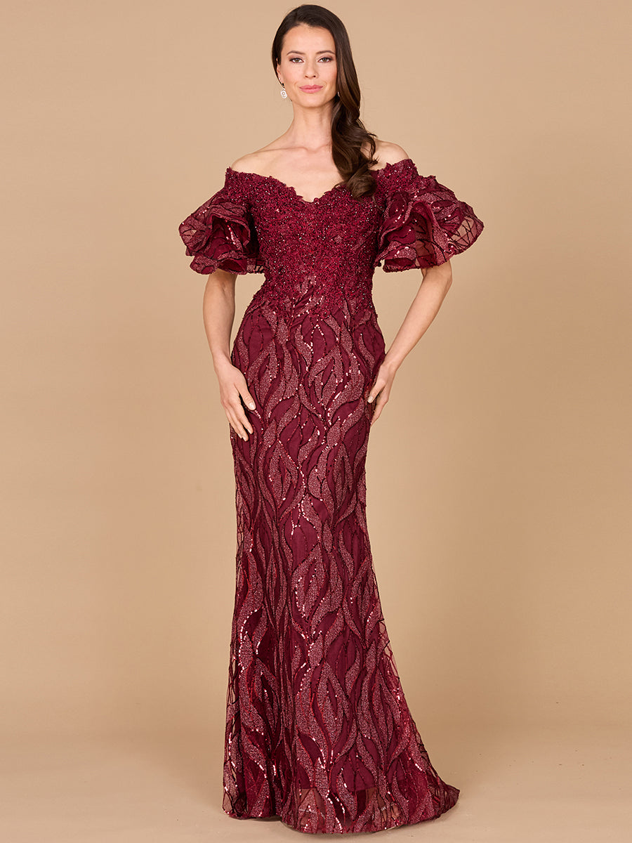 Off Shoulder Mermaid Beaded Gown with Tiered Sleeves Wine