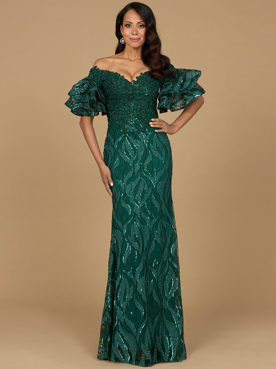 Off Shoulder Mermaid Beaded Gown with Tiered Sleeves Green