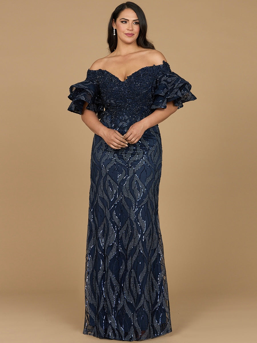 Off Shoulder Mermaid Beaded Gown with Tiered Sleeves Navy
