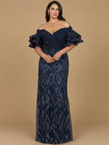 Off Shoulder Mermaid Beaded Gown with Tiered Sleeves Navy