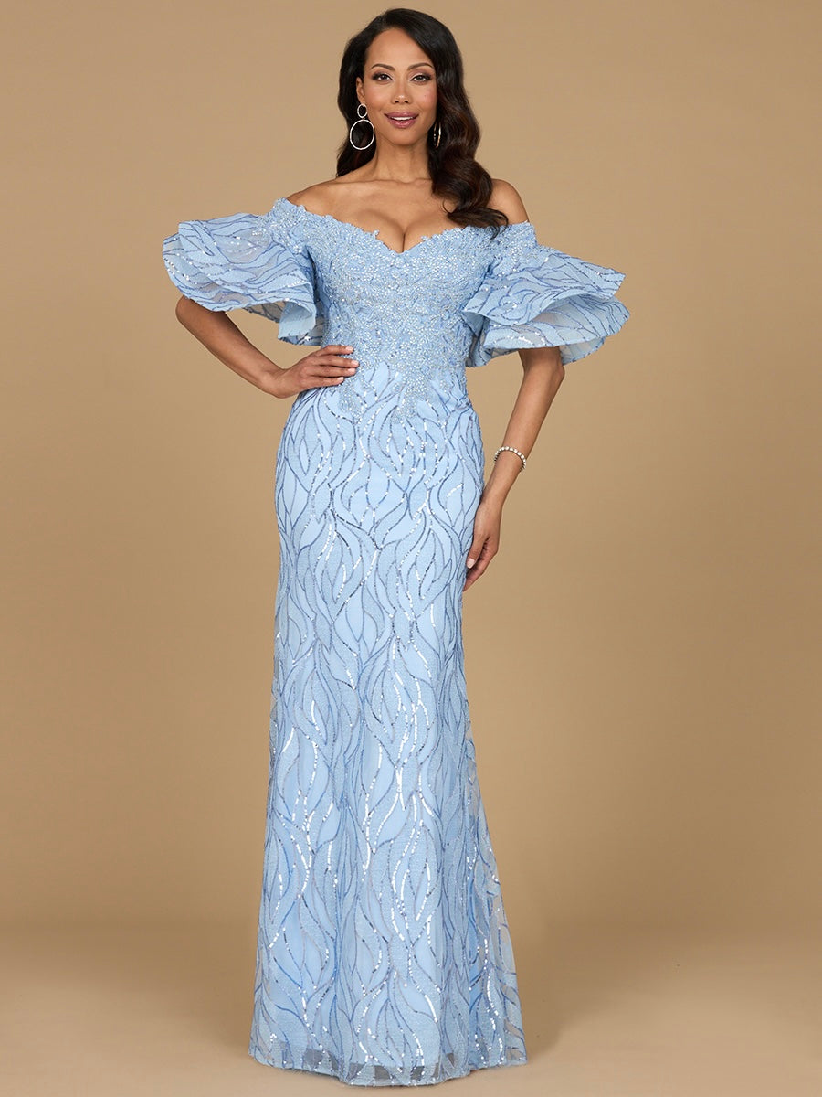 Off Shoulder Mermaid Beaded Gown with Tiered Sleeves Periwinkle