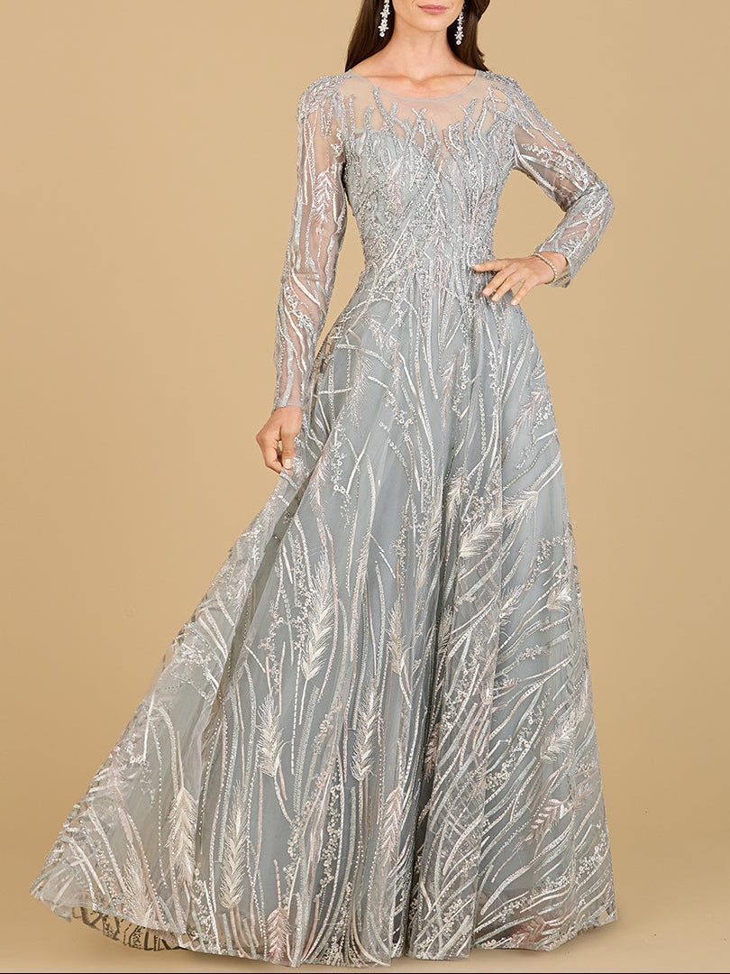 Long Sleeve Illusion Neck Gown Silver Sage