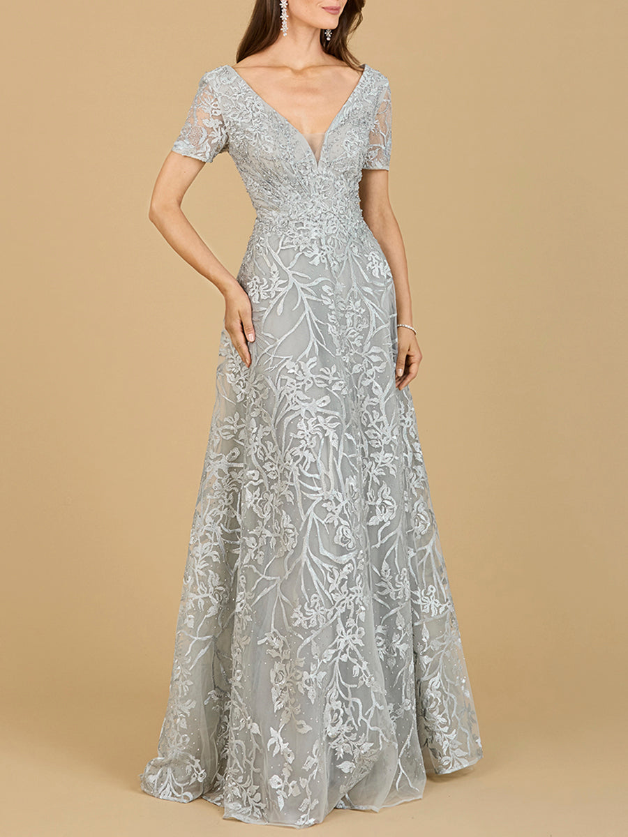 Short Sleeve Lace A-Line Dress with V-Neckline Dusty Blue Green