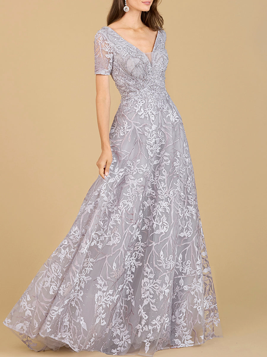 Short Sleeve Lace A-Line Dress with V-Neckline Stone