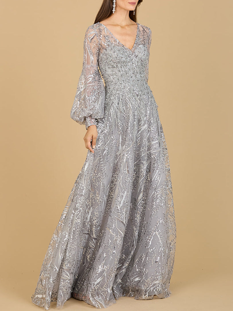 V Neckline Long Sleeve Gown Grey