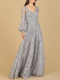 V Neckline Long Sleeve Gown Grey