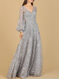 V Neckline Long Sleeve Gown Grey